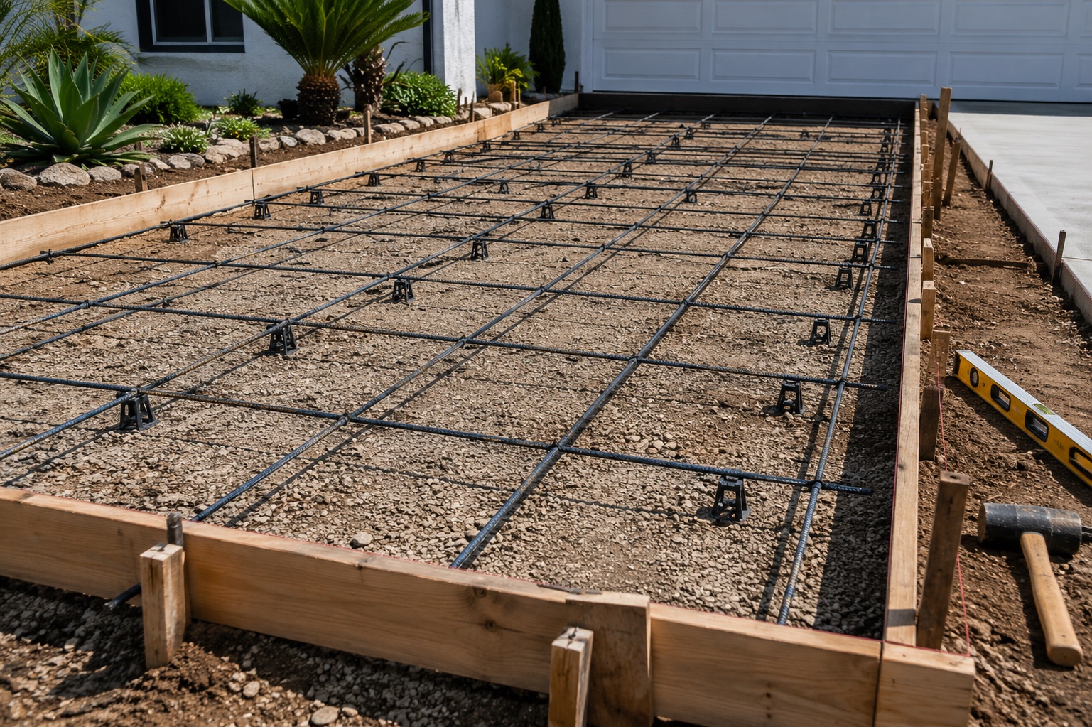 Concrete forms and rebar set before a pour in Malibu