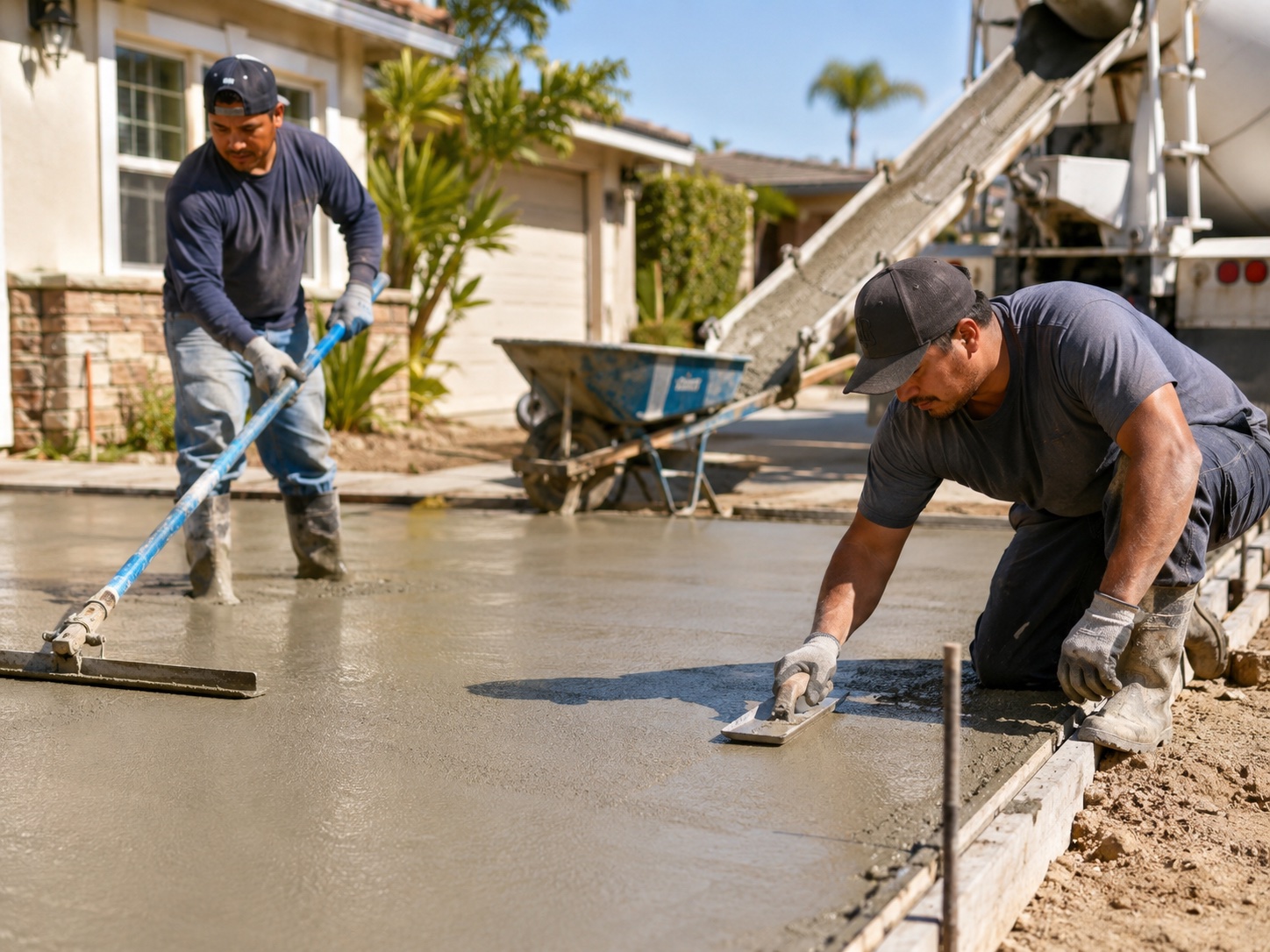 Crew finishing a fresh concrete pour in Malibu, CA