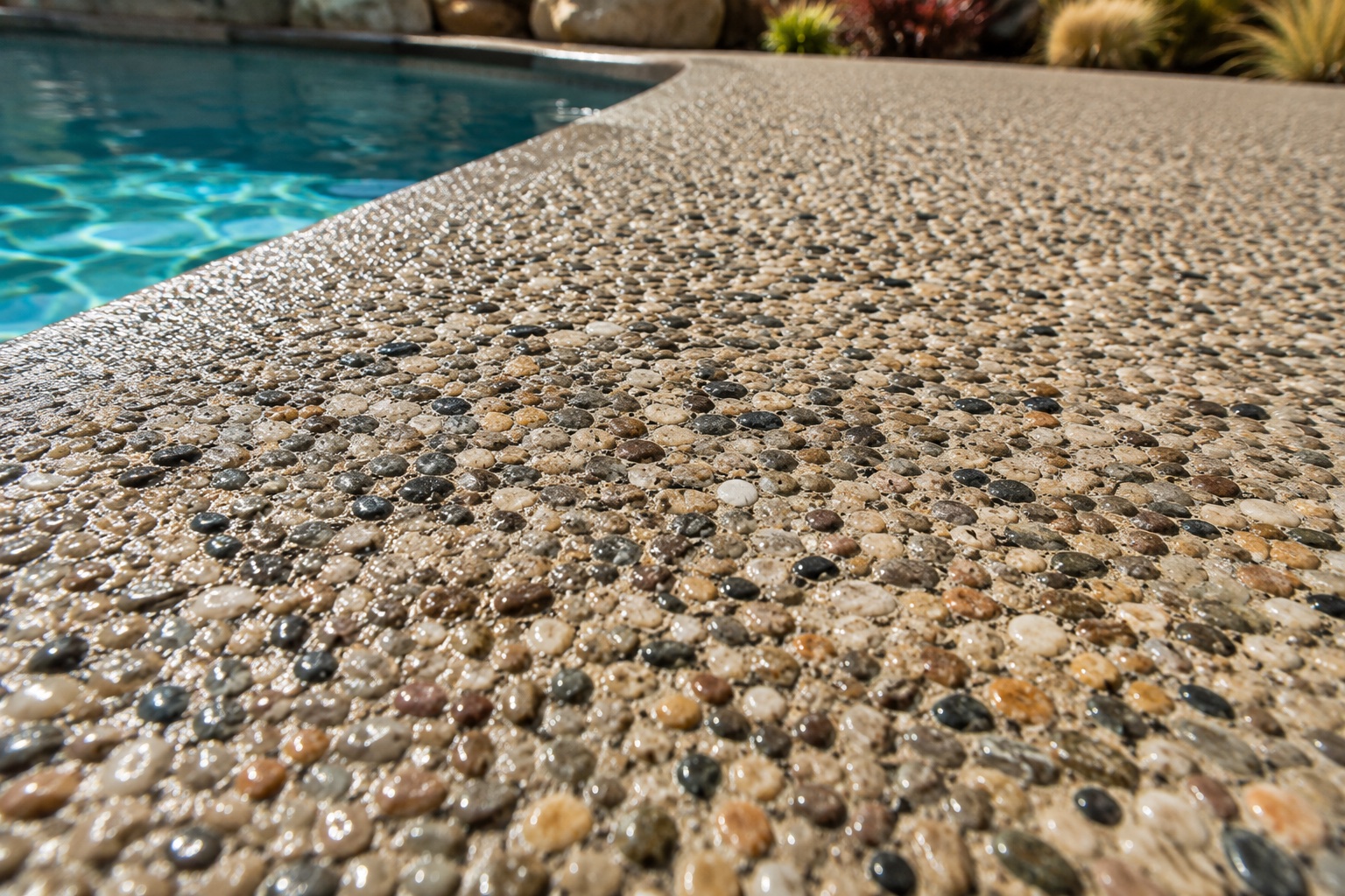Exposed aggregate concrete finish on a Malibu pool deck