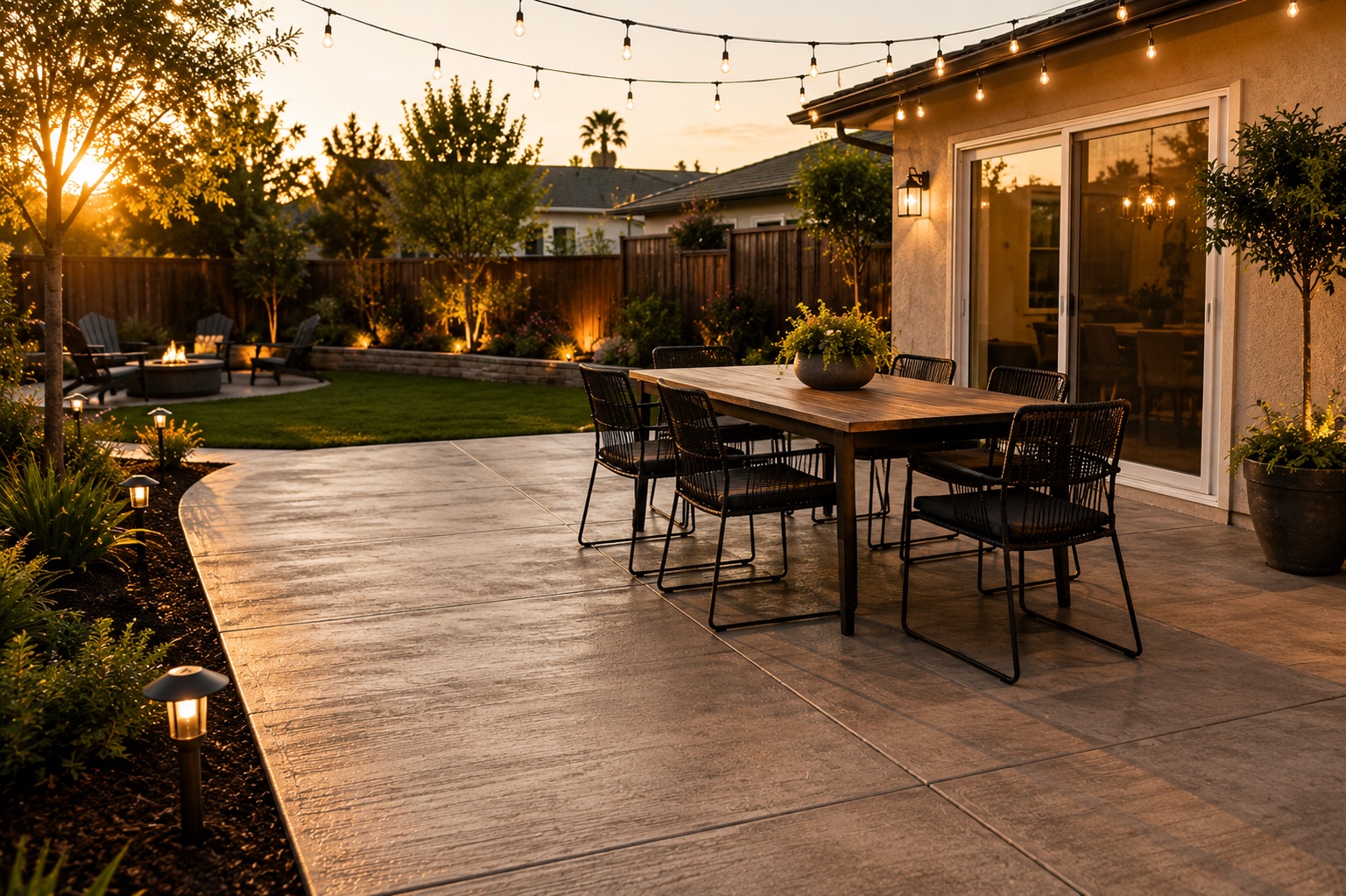 Concrete patio with decorative finish at a Malibu home