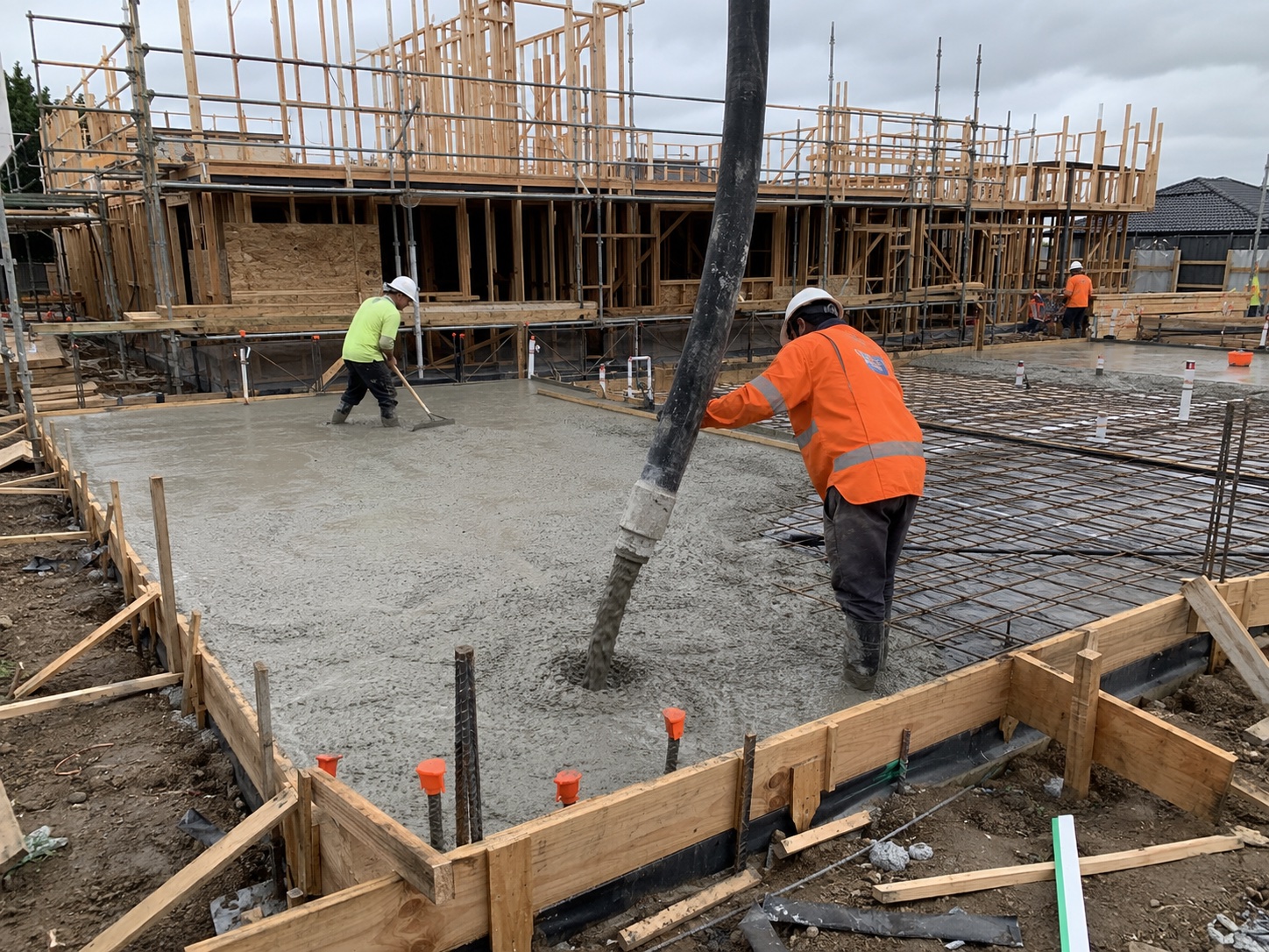 Concrete slab foundation poured for a Malibu hillside home